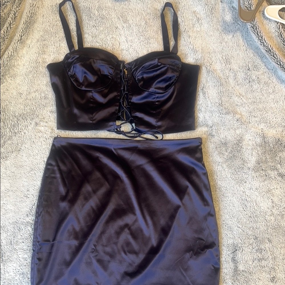 Elegant Navy Blue Satin Skirt & Top
